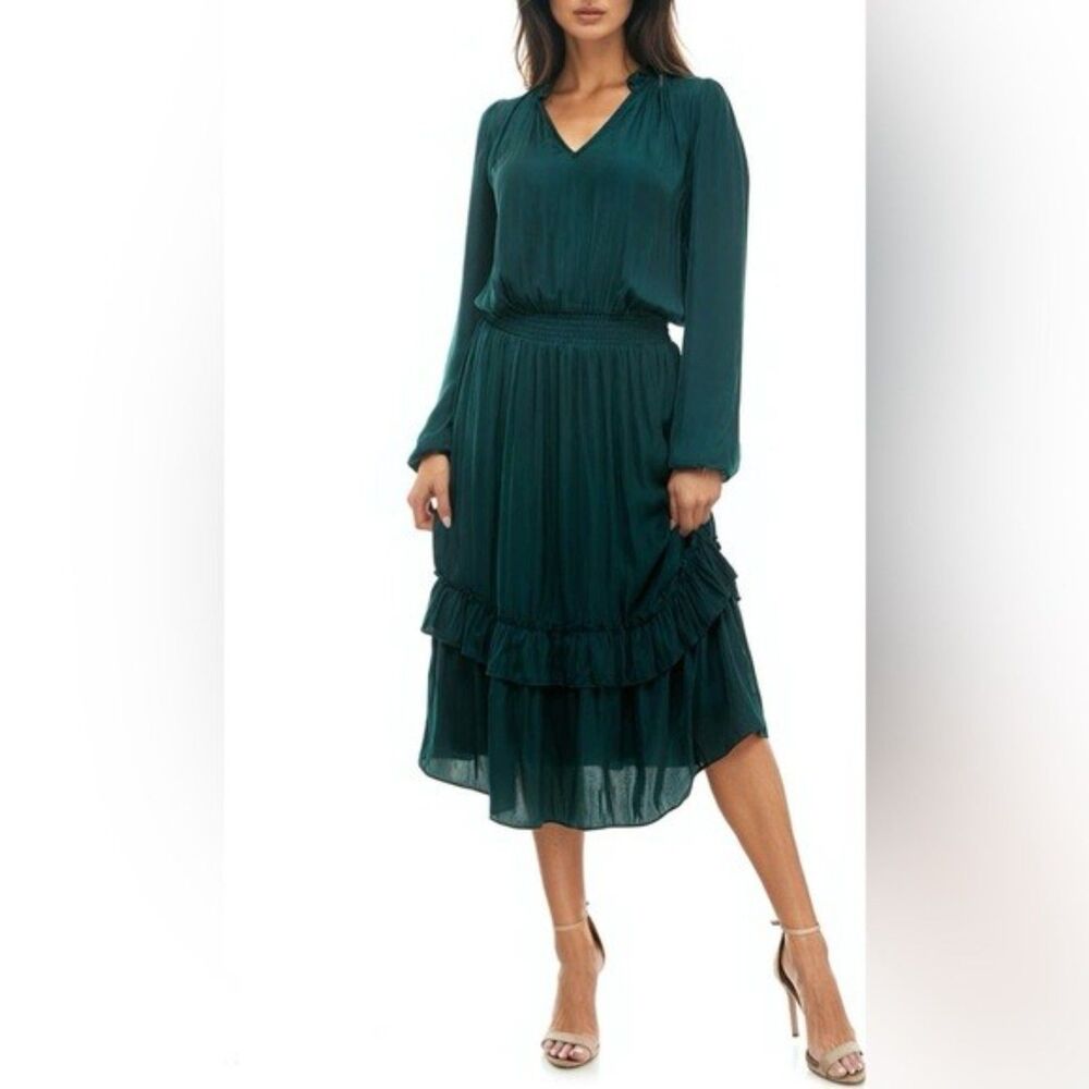 EVEREVE Emerald Green Satin Smocked-Waist Pleated Ruffle Midi Dress Small
